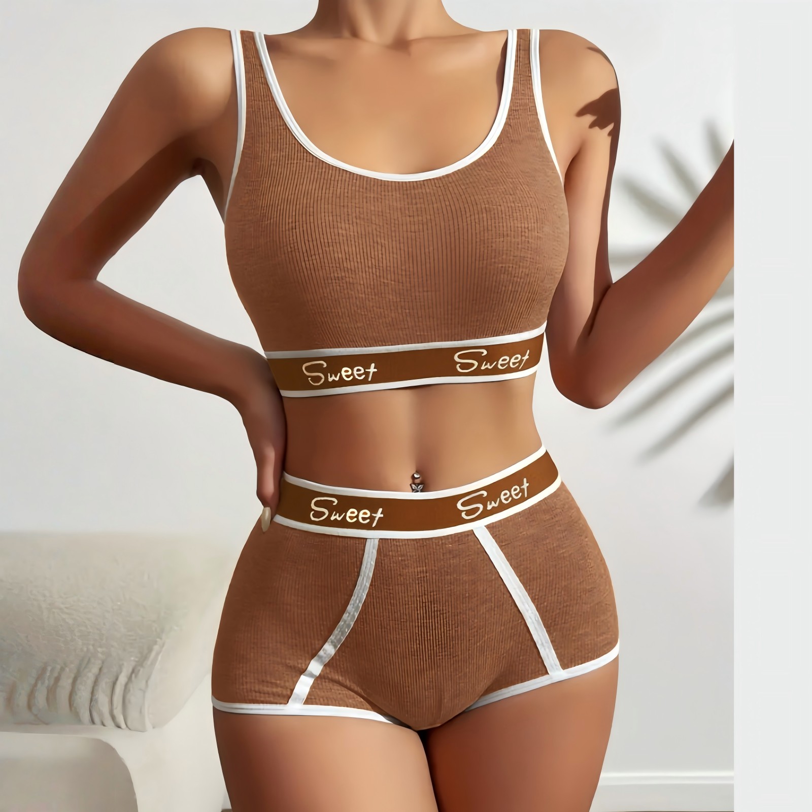 Letter Print Bra Panties Ribbed Wireless Bra Elastic Panties